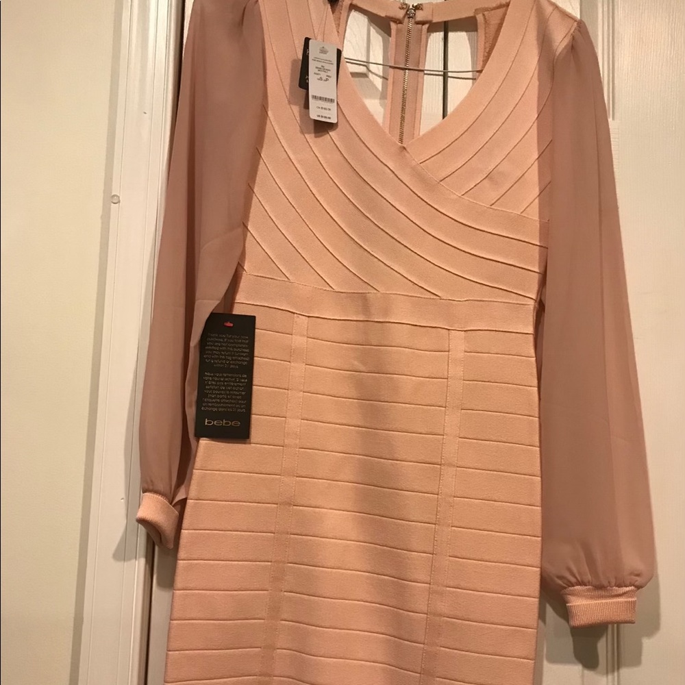 bebe Lush Pink Sheer Sleeve Bandage Dress - Contrast Slit Sleeve Dress - NWT!